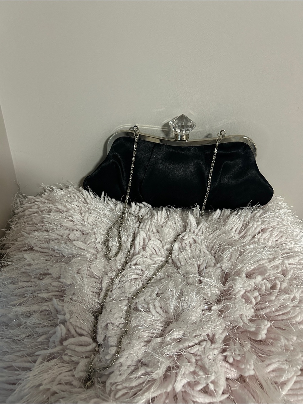Black Satin Evening Shoulder Clutch with Silver Chain and Crystal Accent